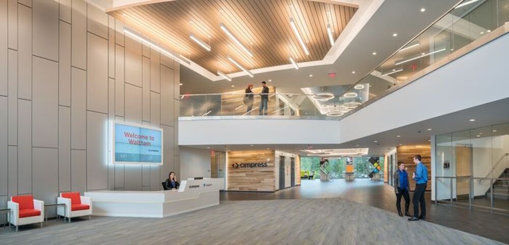 Office lobby design with harmonious colors and spaces